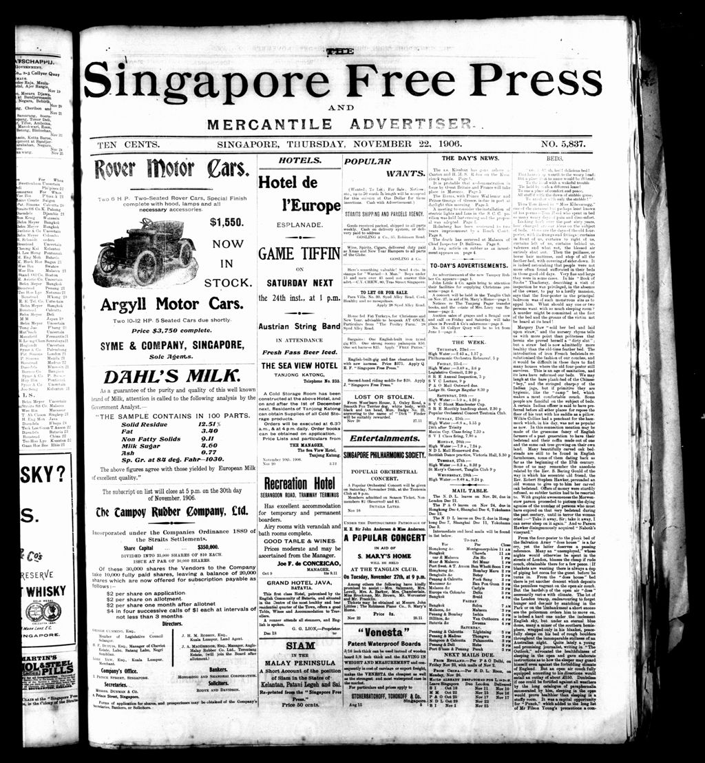 Miniature of Singapore Free Press and Mercantile Advertiser 22 November 1906