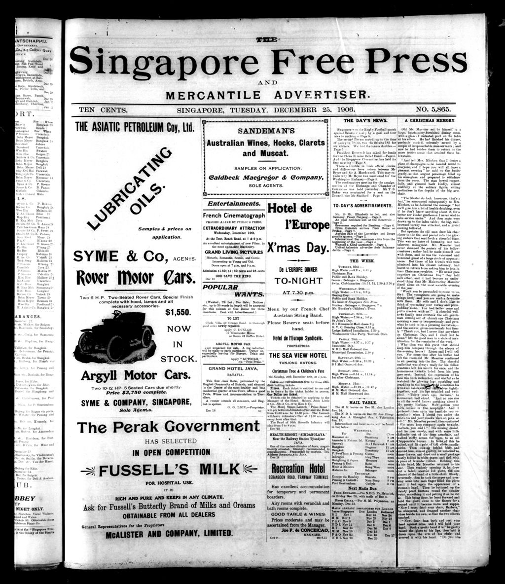 Miniature of Singapore Free Press and Mercantile Advertiser 25 December 1906