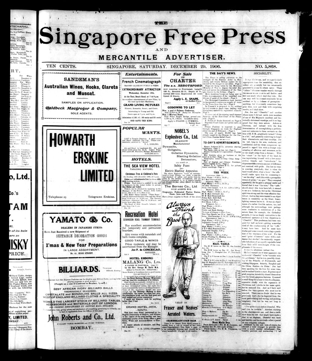 Miniature of Singapore Free Press and Mercantile Advertiser 29 December 1906