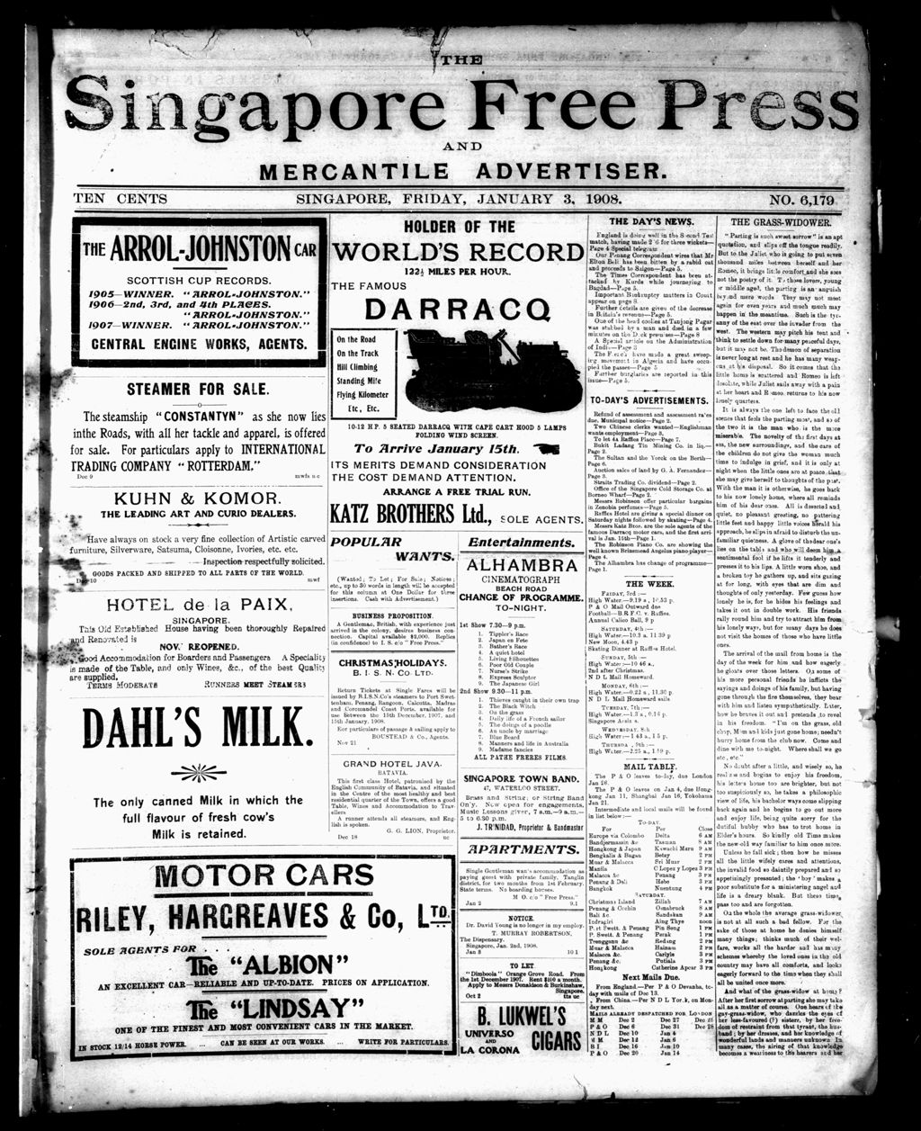 Miniature of Singapore Free Press and Mercantile Advertiser 03 January 1908