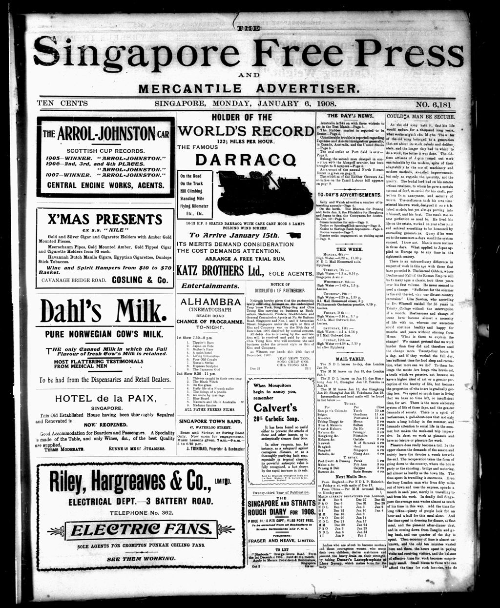 Miniature of Singapore Free Press and Mercantile Advertiser 06 January 1908