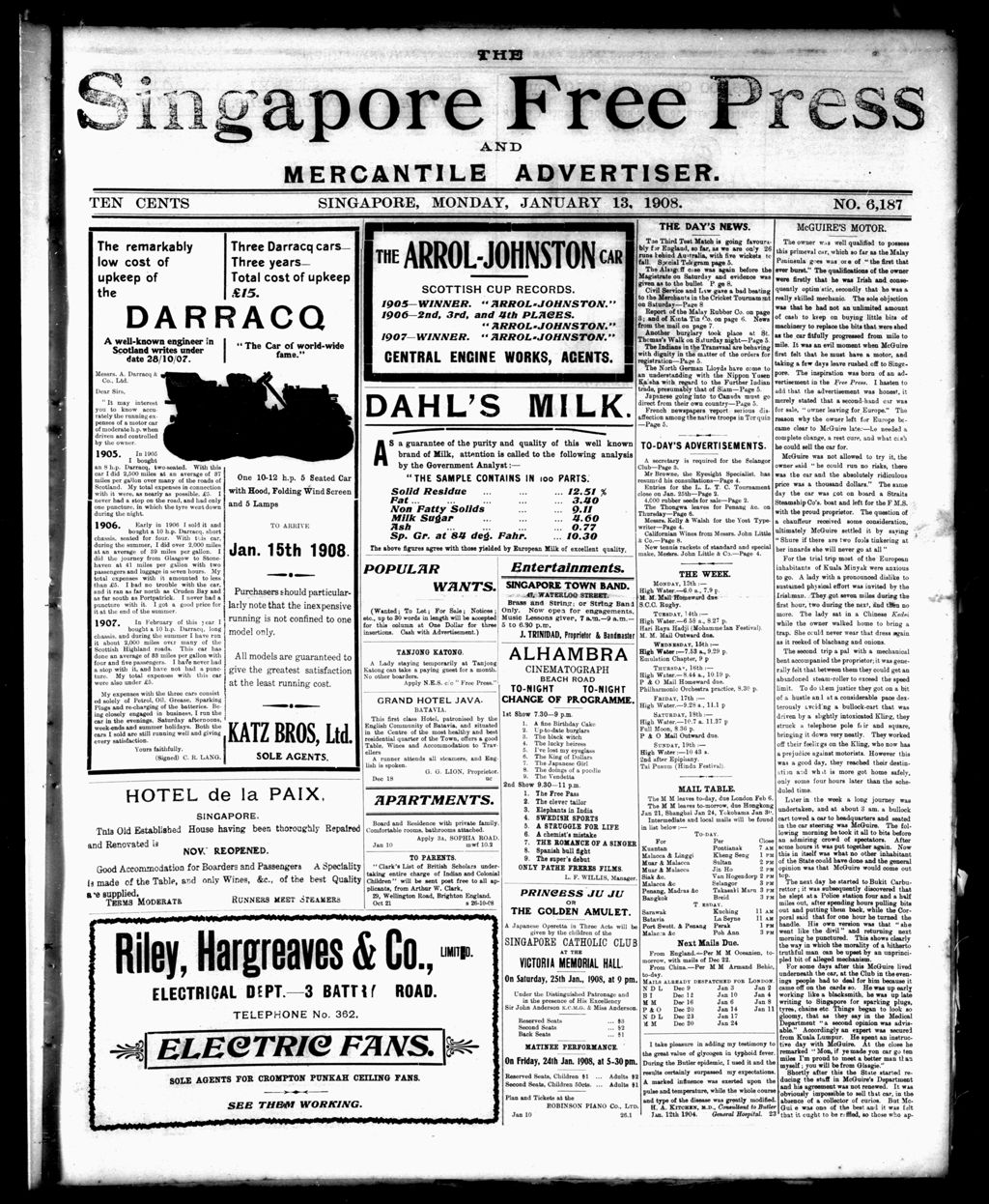 Miniature of Singapore Free Press and Mercantile Advertiser 13 January 1908