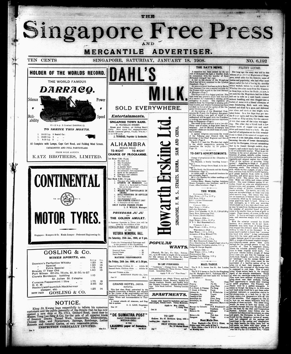 Miniature of Singapore Free Press and Mercantile Advertiser 18 January 1908