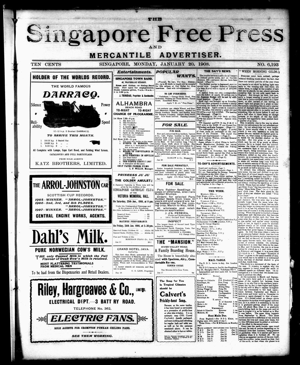 Miniature of Singapore Free Press and Mercantile Advertiser 20 January 1908