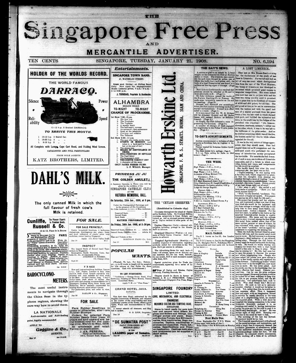 Miniature of Singapore Free Press and Mercantile Advertiser 21 January 1908