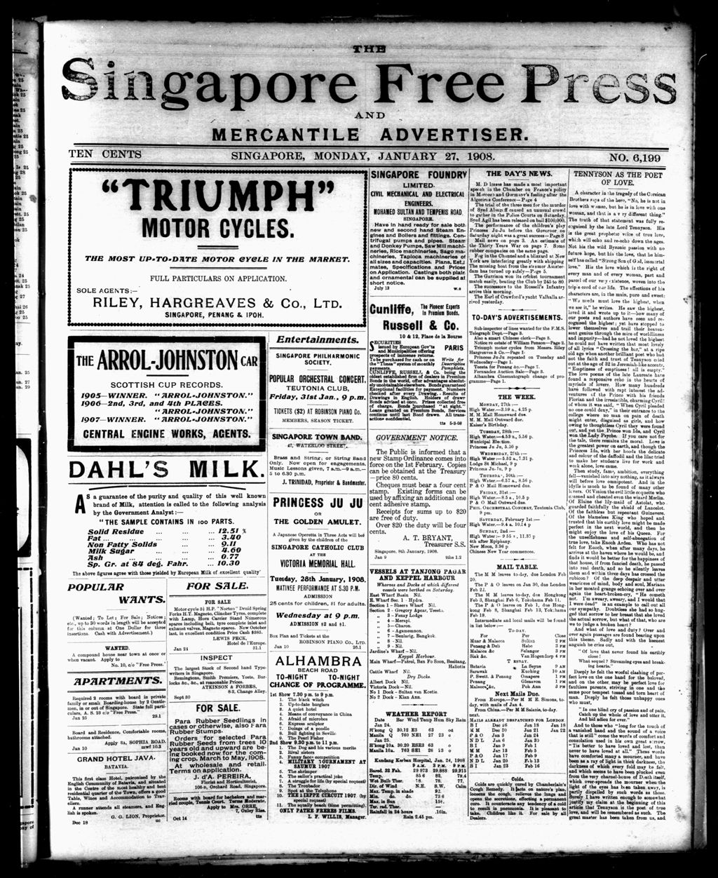 Miniature of Singapore Free Press and Mercantile Advertiser 27 January 1908