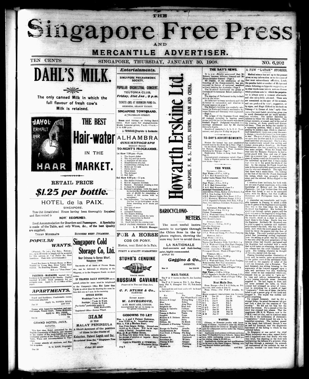 Miniature of Singapore Free Press and Mercantile Advertiser 30 January 1908