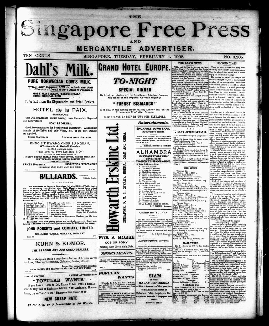 Miniature of Singapore Free Press and Mercantile Advertiser 04 February 1908