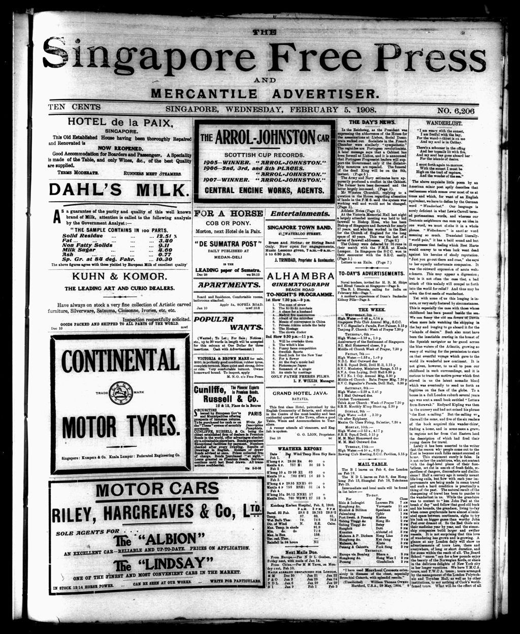 Miniature of Singapore Free Press and Mercantile Advertiser 05 February 1908