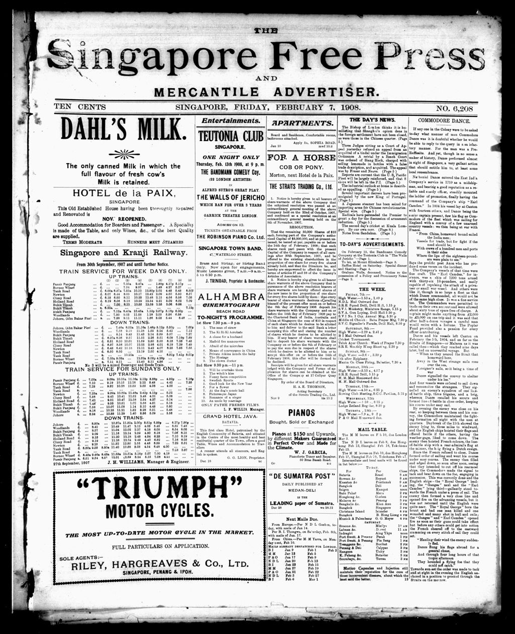 Miniature of Singapore Free Press and Mercantile Advertiser 07 February 1908