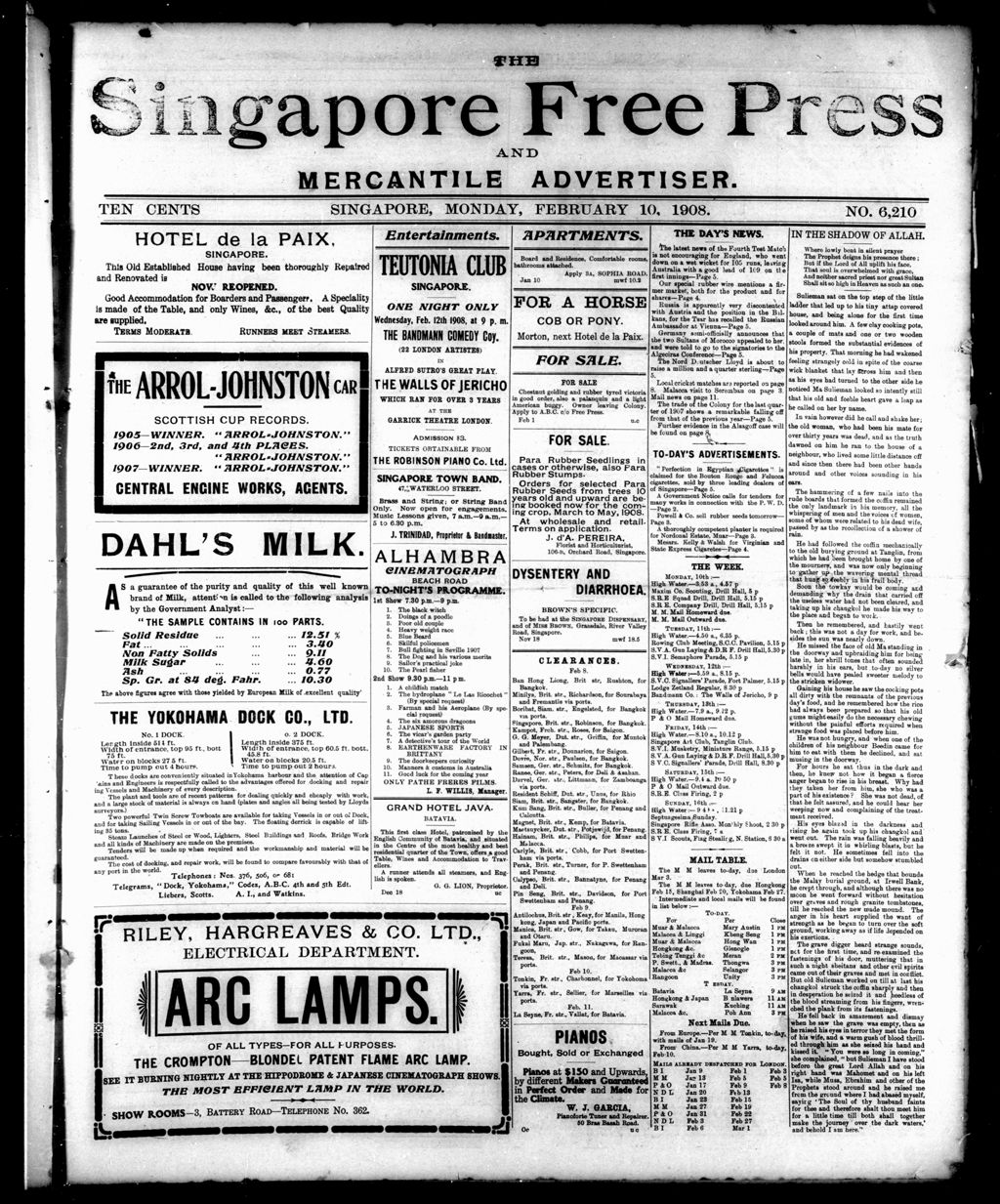 Miniature of Singapore Free Press and Mercantile Advertiser 10 February 1908