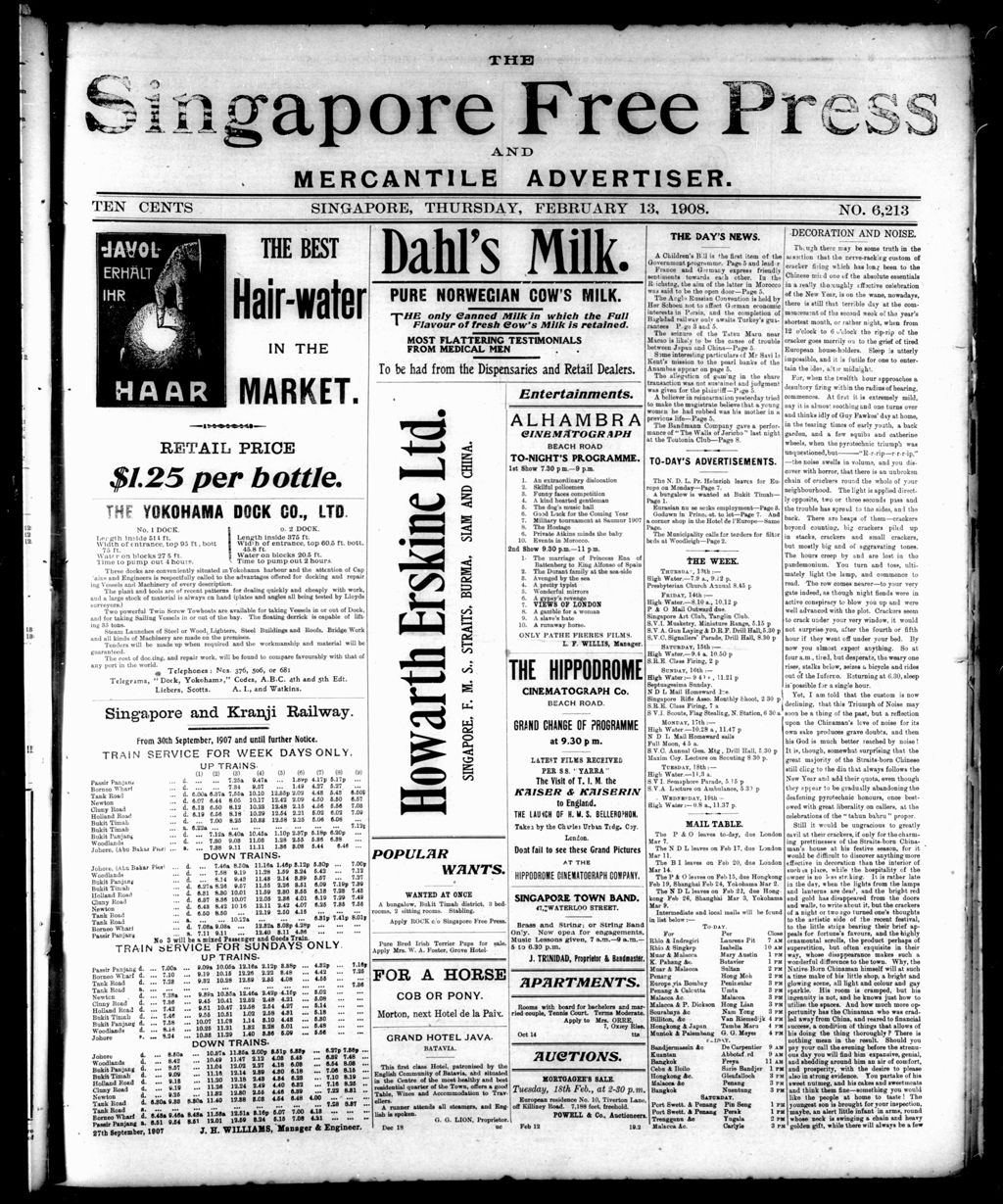 Miniature of Singapore Free Press and Mercantile Advertiser 13 February 1908