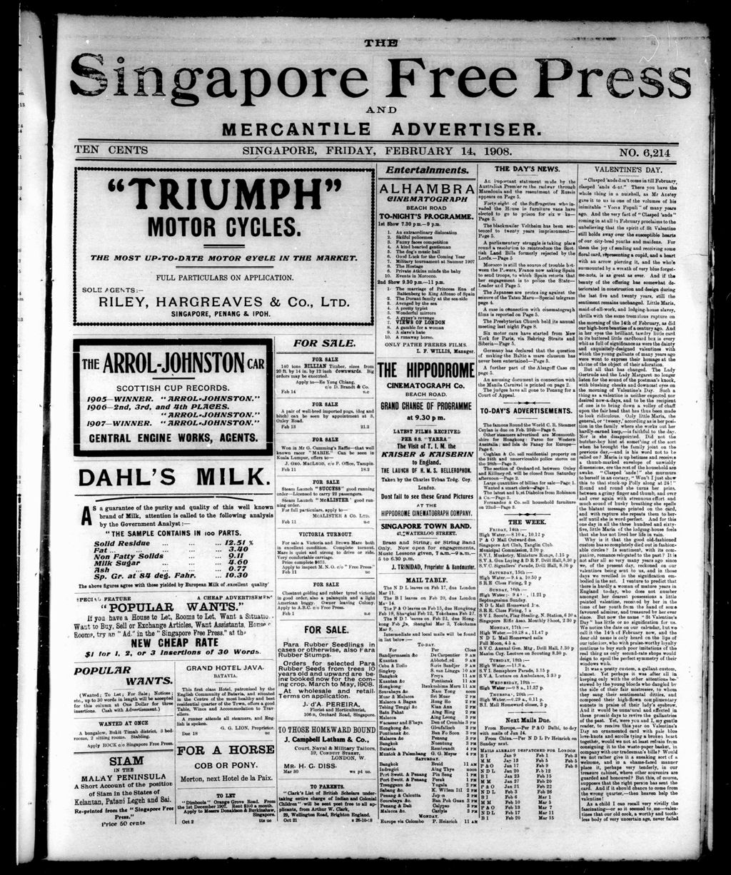 Miniature of Singapore Free Press and Mercantile Advertiser 14 February 1908