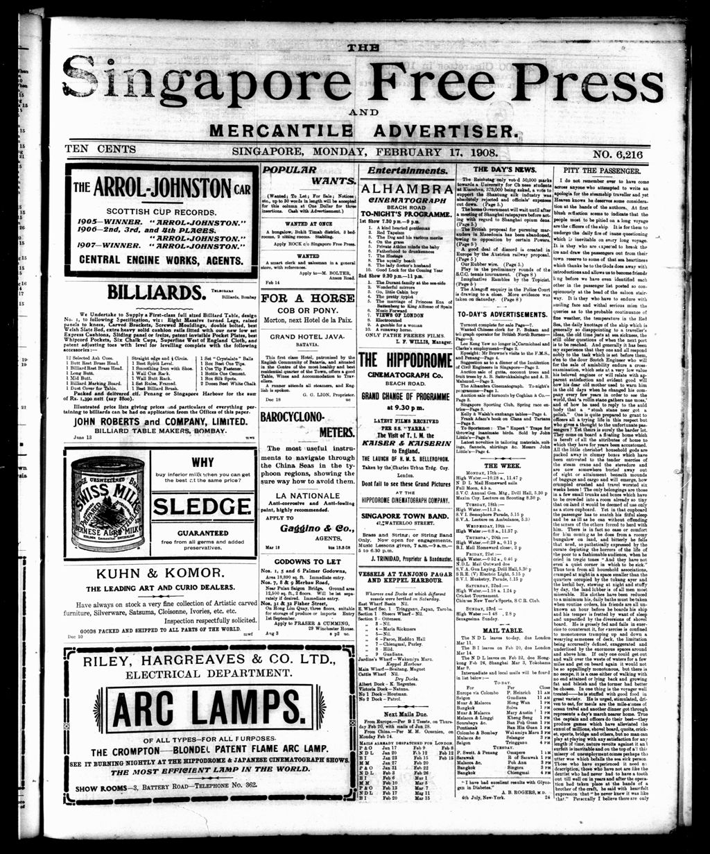 Miniature of Singapore Free Press and Mercantile Advertiser 17 February 1908