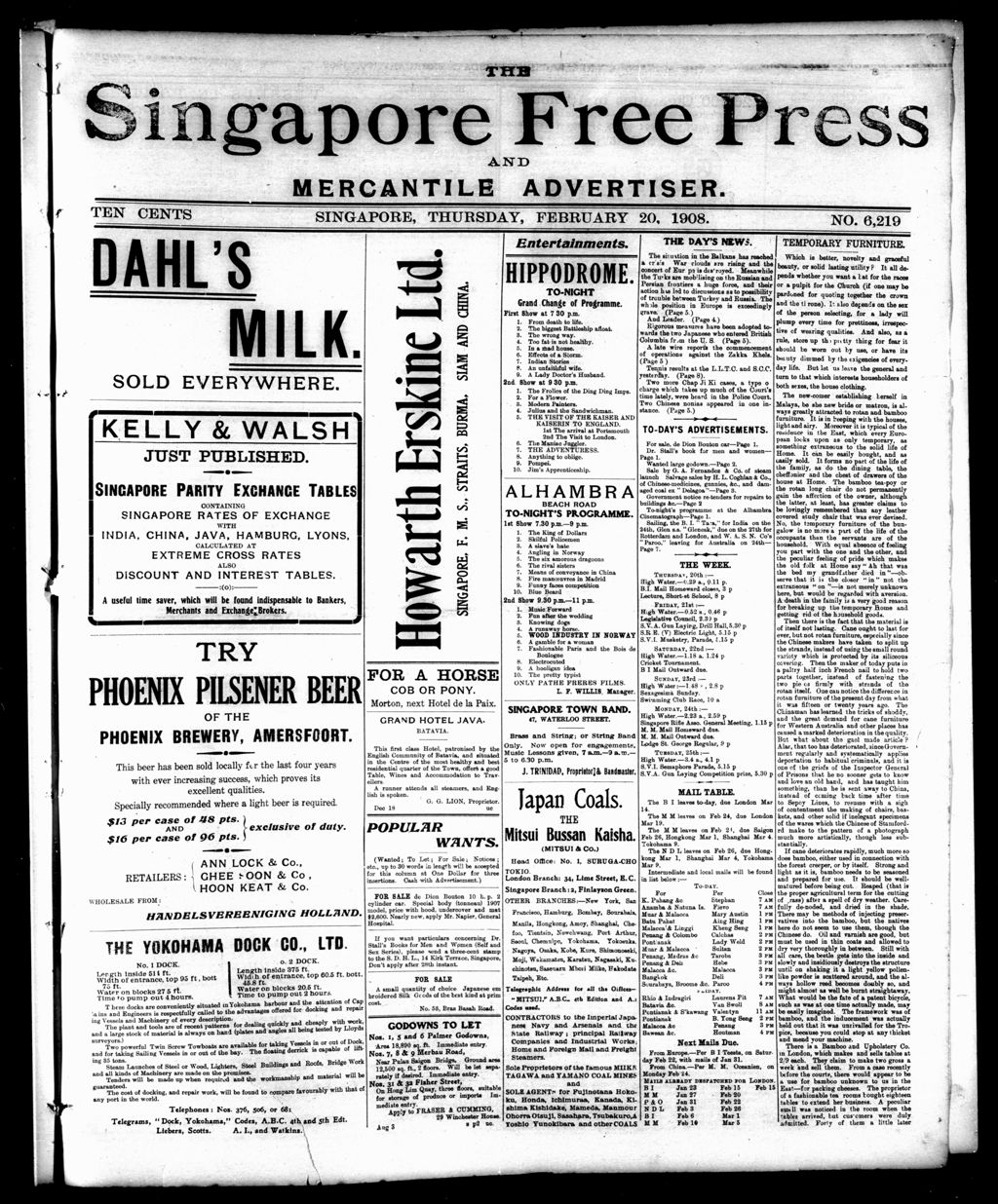 Miniature of Singapore Free Press and Mercantile Advertiser 20 February 1908