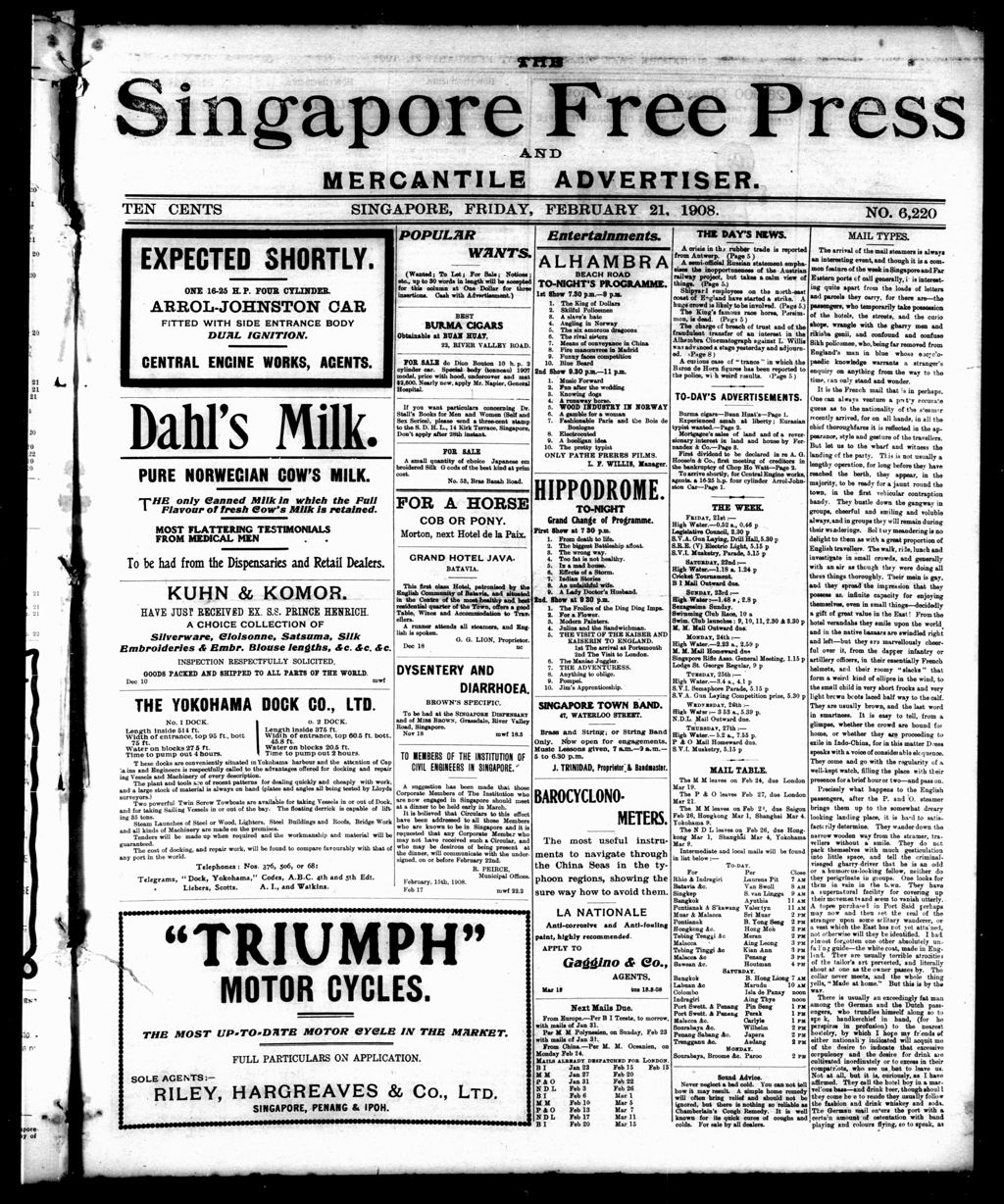 Miniature of Singapore Free Press and Mercantile Advertiser 21 February 1908