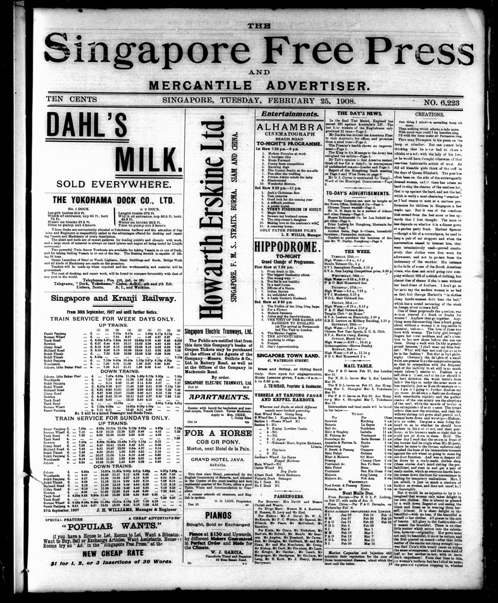 Miniature of Singapore Free Press and Mercantile Advertiser 25 February 1908