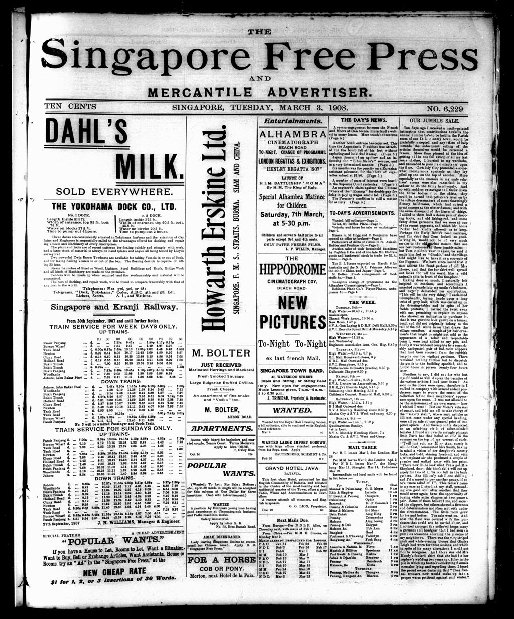 Miniature of Singapore Free Press and Mercantile Advertiser 03 March 1908