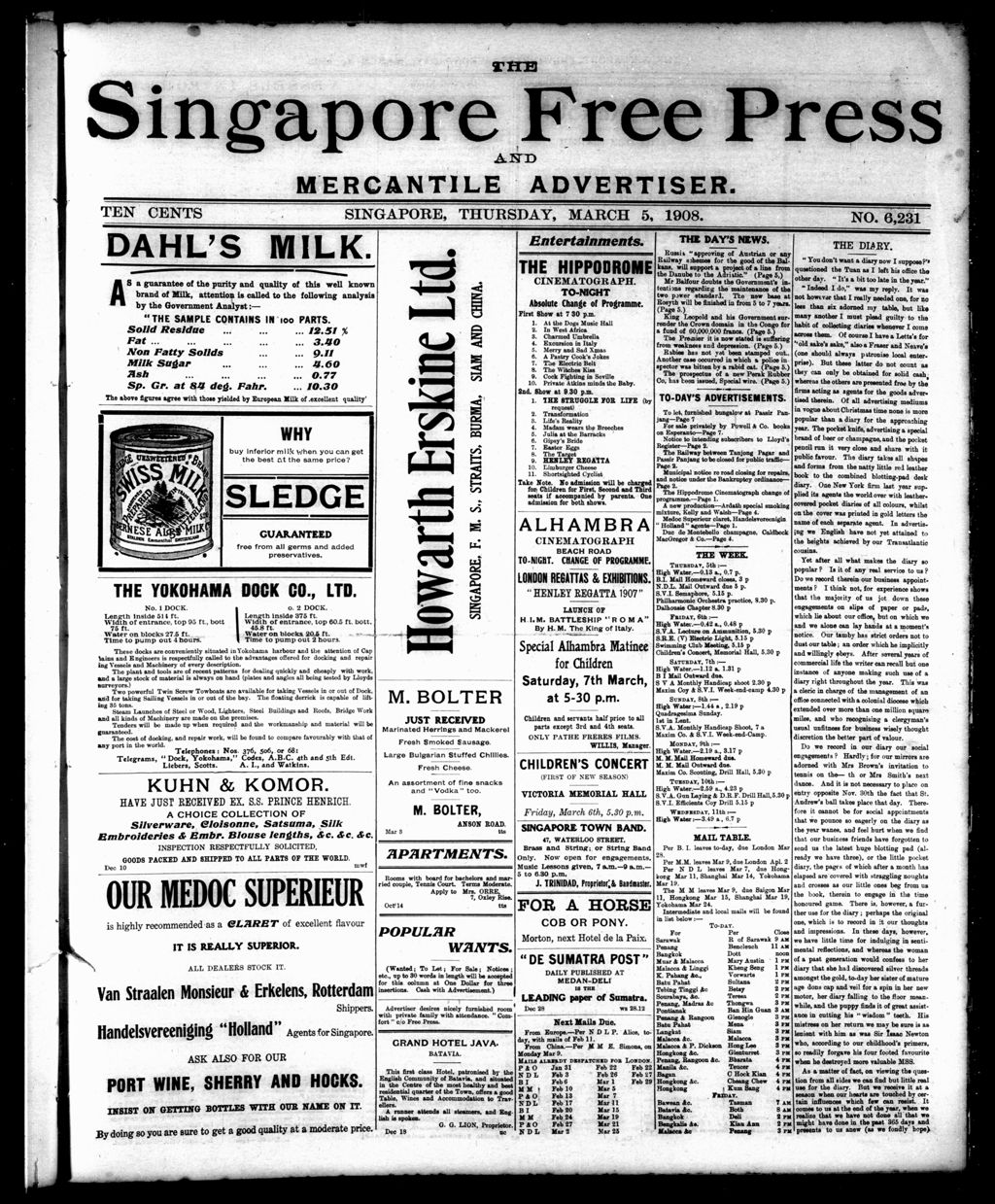 Miniature of Singapore Free Press and Mercantile Advertiser 05 March 1908