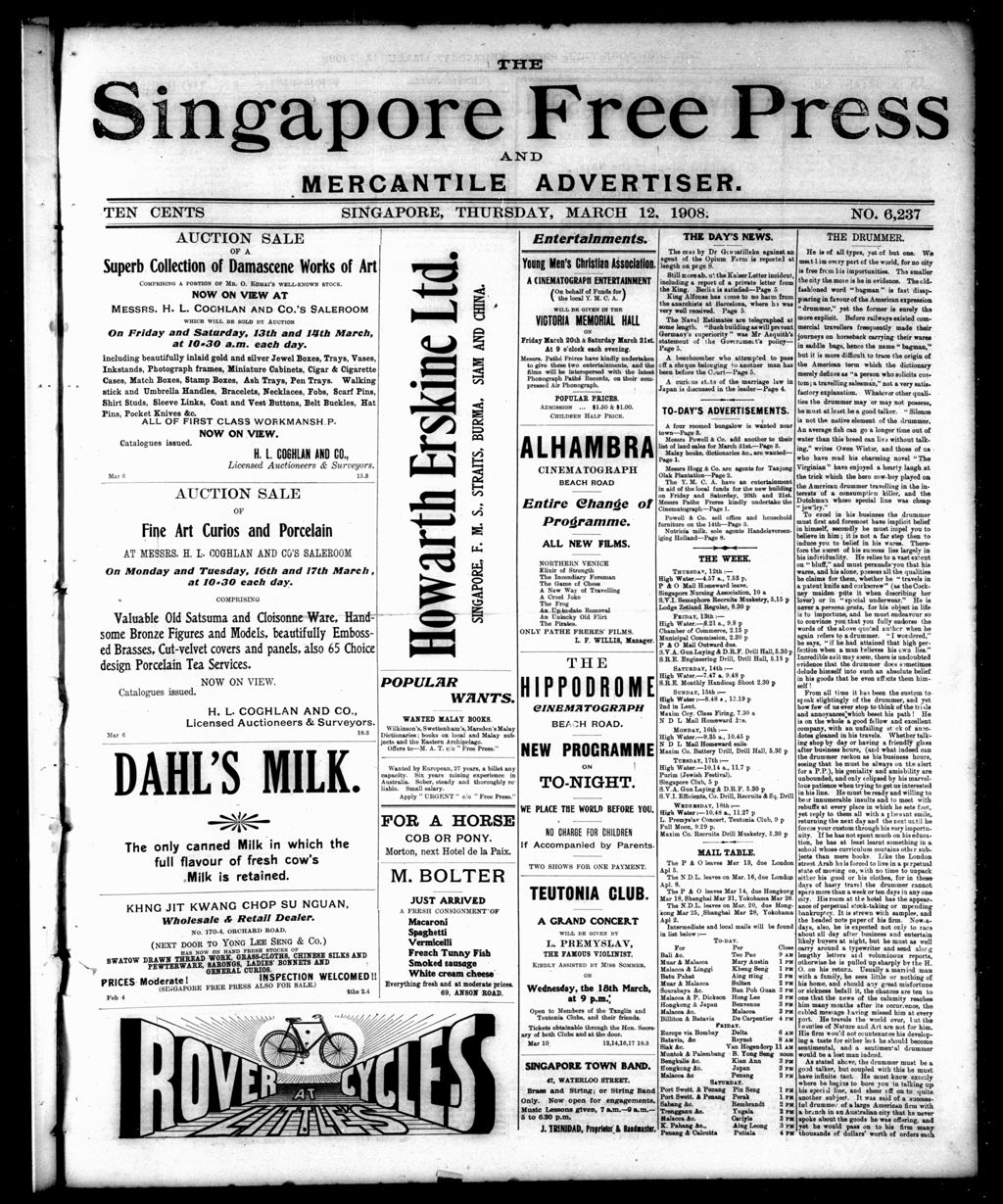 Miniature of Singapore Free Press and Mercantile Advertiser 12 March 1908