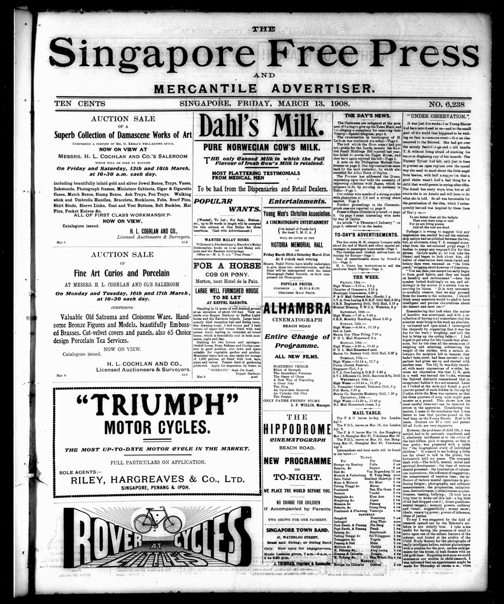 Miniature of Singapore Free Press and Mercantile Advertiser 13 March 1908