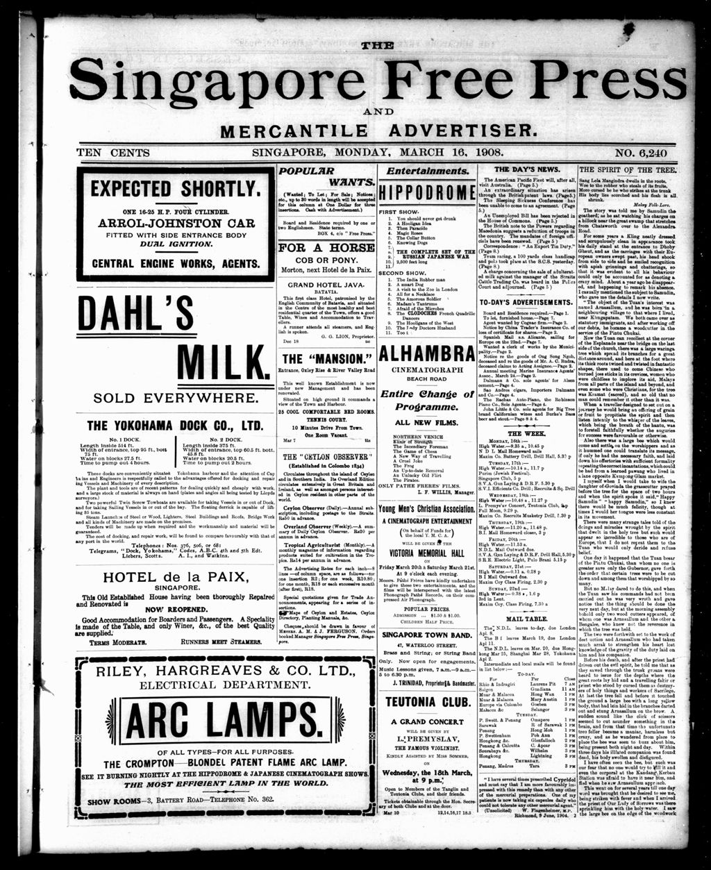 Miniature of Singapore Free Press and Mercantile Advertiser 16 March 1908