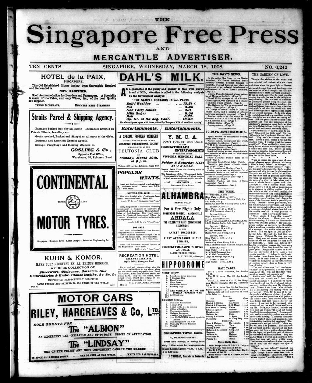 Miniature of Singapore Free Press and Mercantile Advertiser 18 March 1908