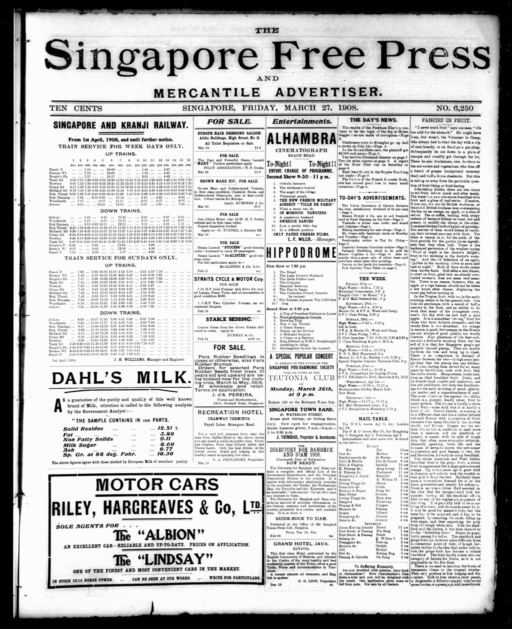 Miniature of Singapore Free Press and Mercantile Advertiser 27 March 1908