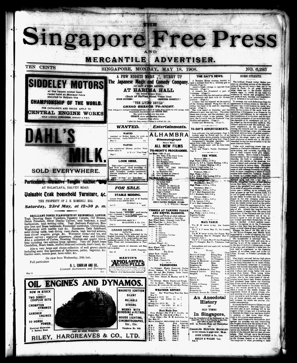 Miniature of Singapore Free Press and Mercantile Advertiser 18 May 1908