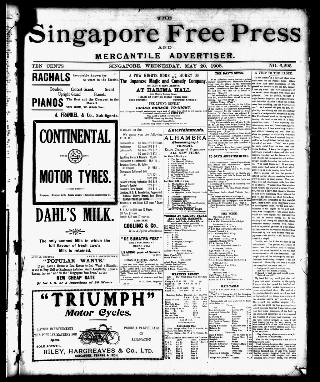 Miniature of Singapore Free Press and Mercantile Advertiser 20 May 1908