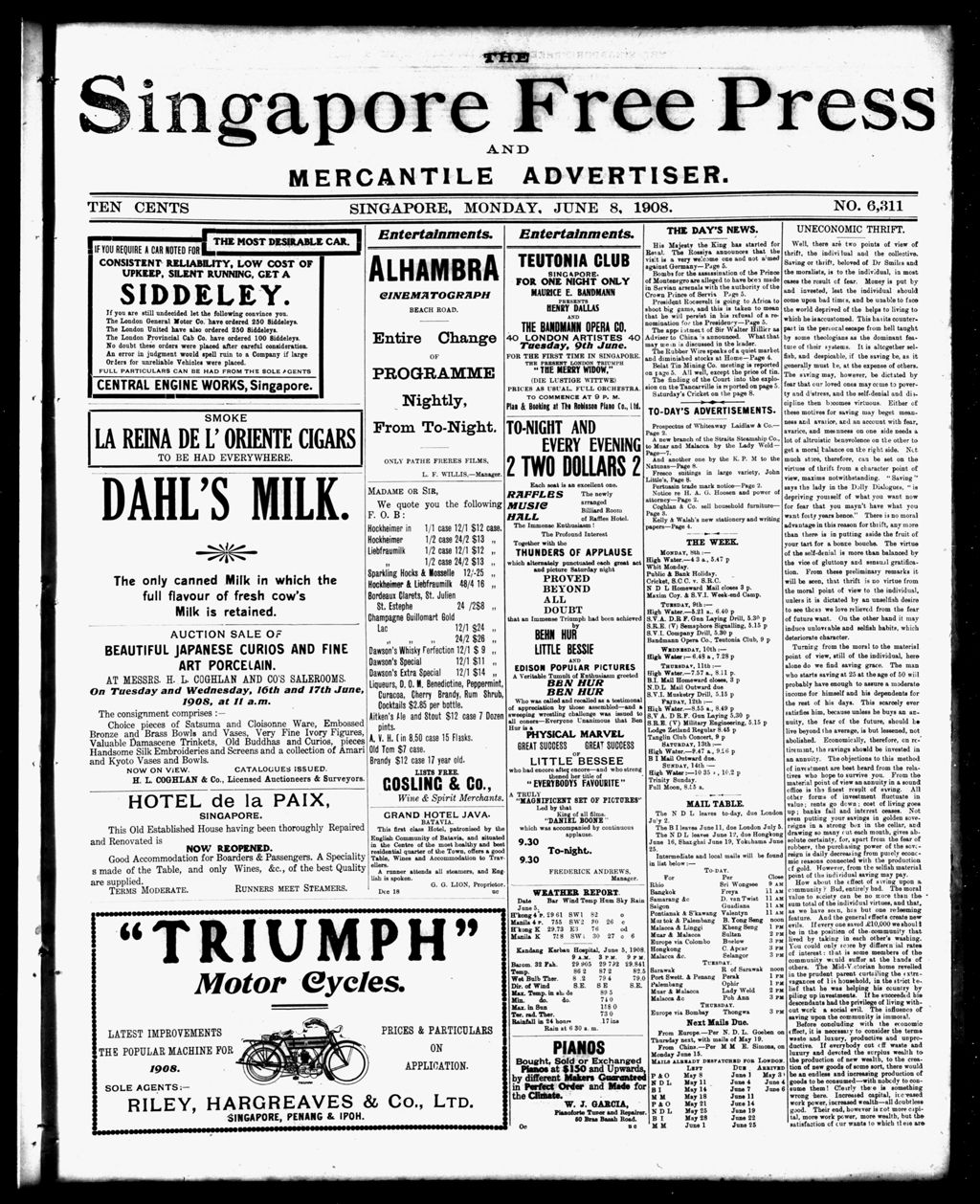 Miniature of Singapore Free Press and Mercantile Advertiser 08 June 1908