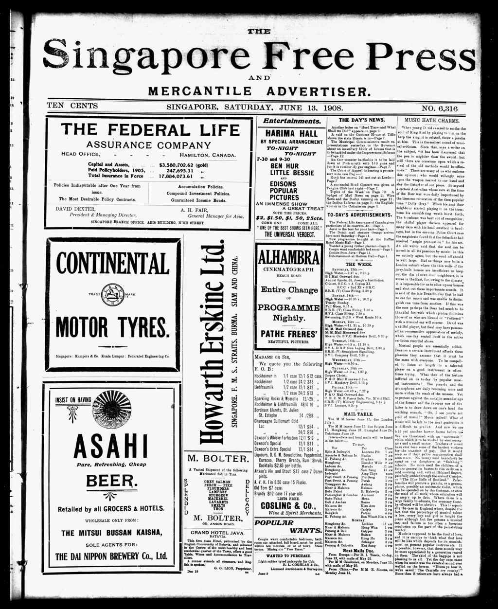 Miniature of Singapore Free Press and Mercantile Advertiser 13 June 1908