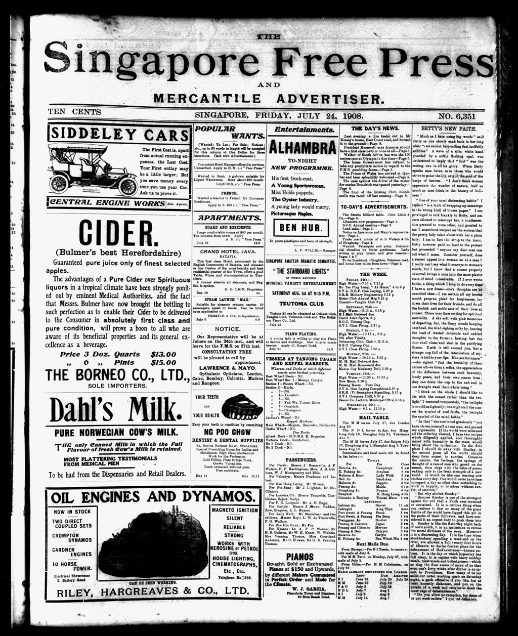 Miniature of Singapore Free Press and Mercantile Advertiser 24 July 1908