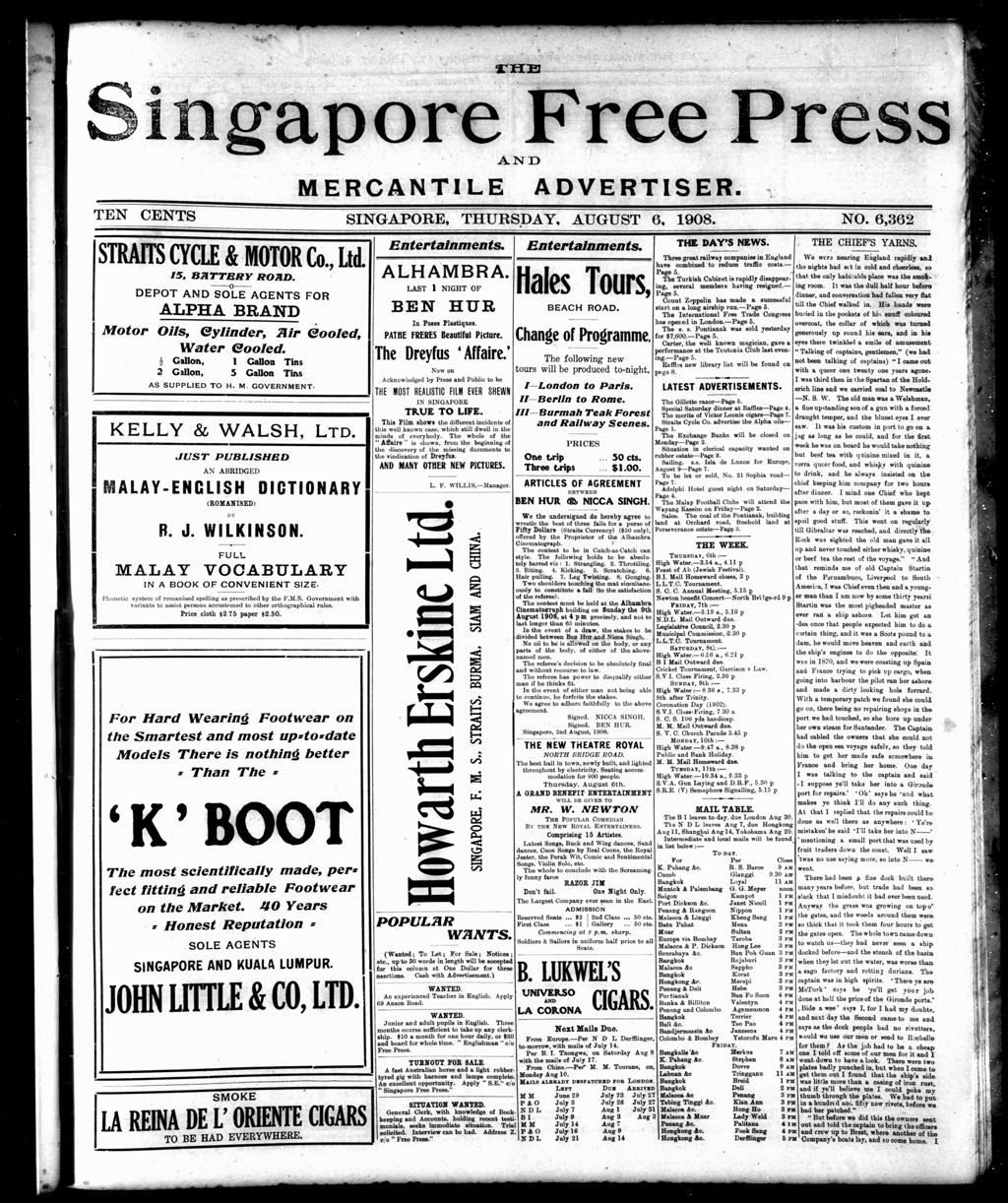 Miniature of Singapore Free Press and Mercantile Advertiser 06 August 1908