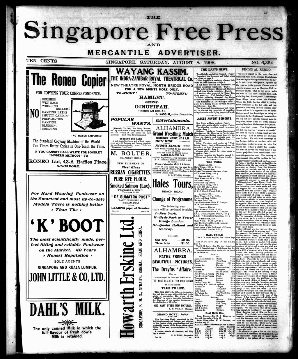 Miniature of Singapore Free Press and Mercantile Advertiser 08 August 1908