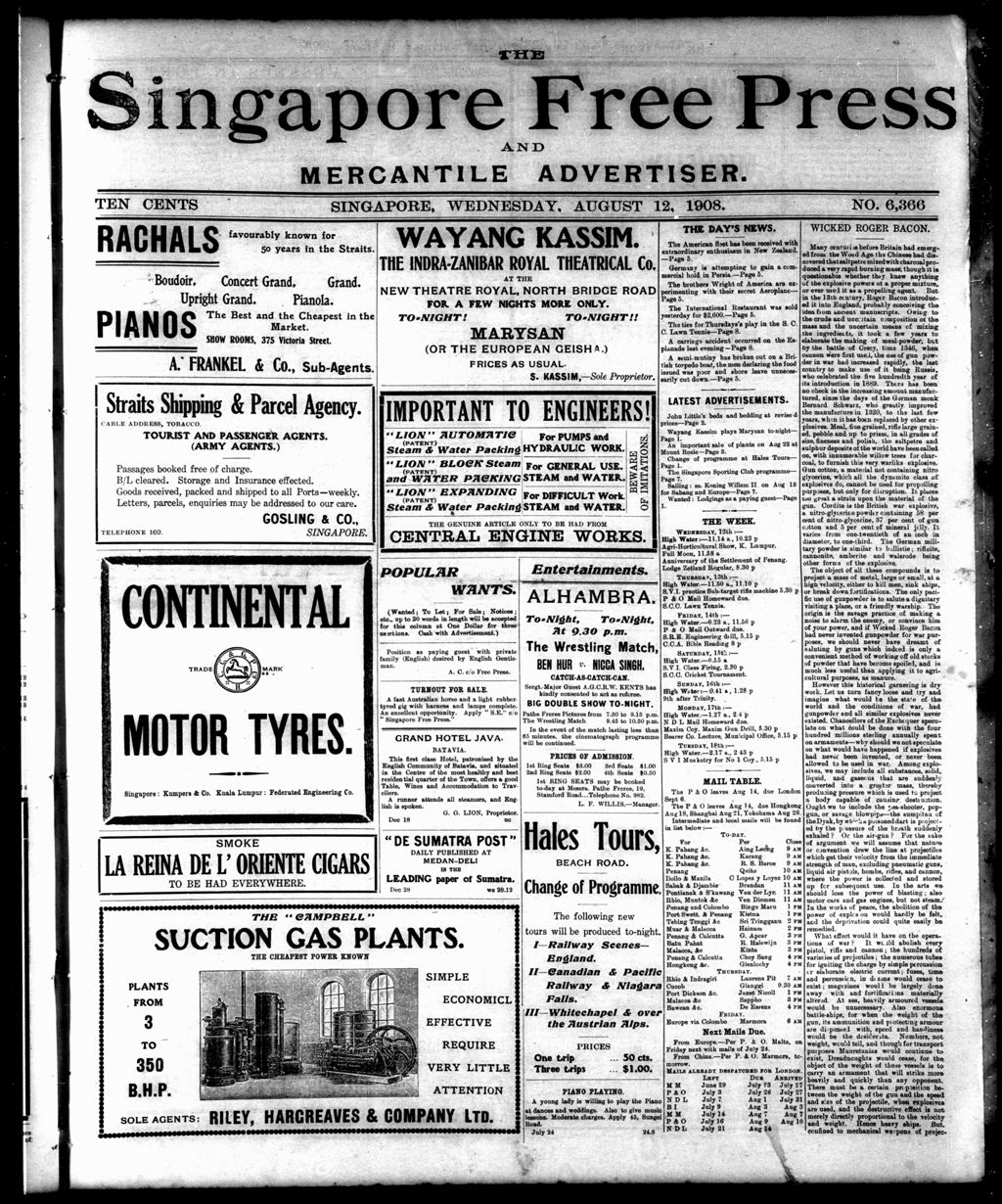 Miniature of Singapore Free Press and Mercantile Advertiser 12 August 1908