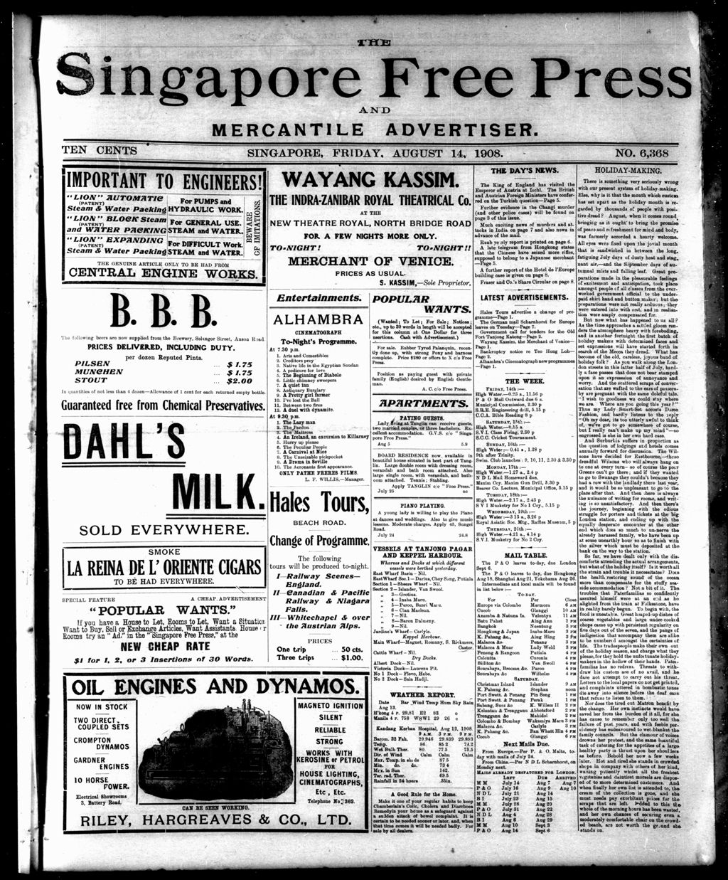 Miniature of Singapore Free Press and Mercantile Advertiser 14 August 1908