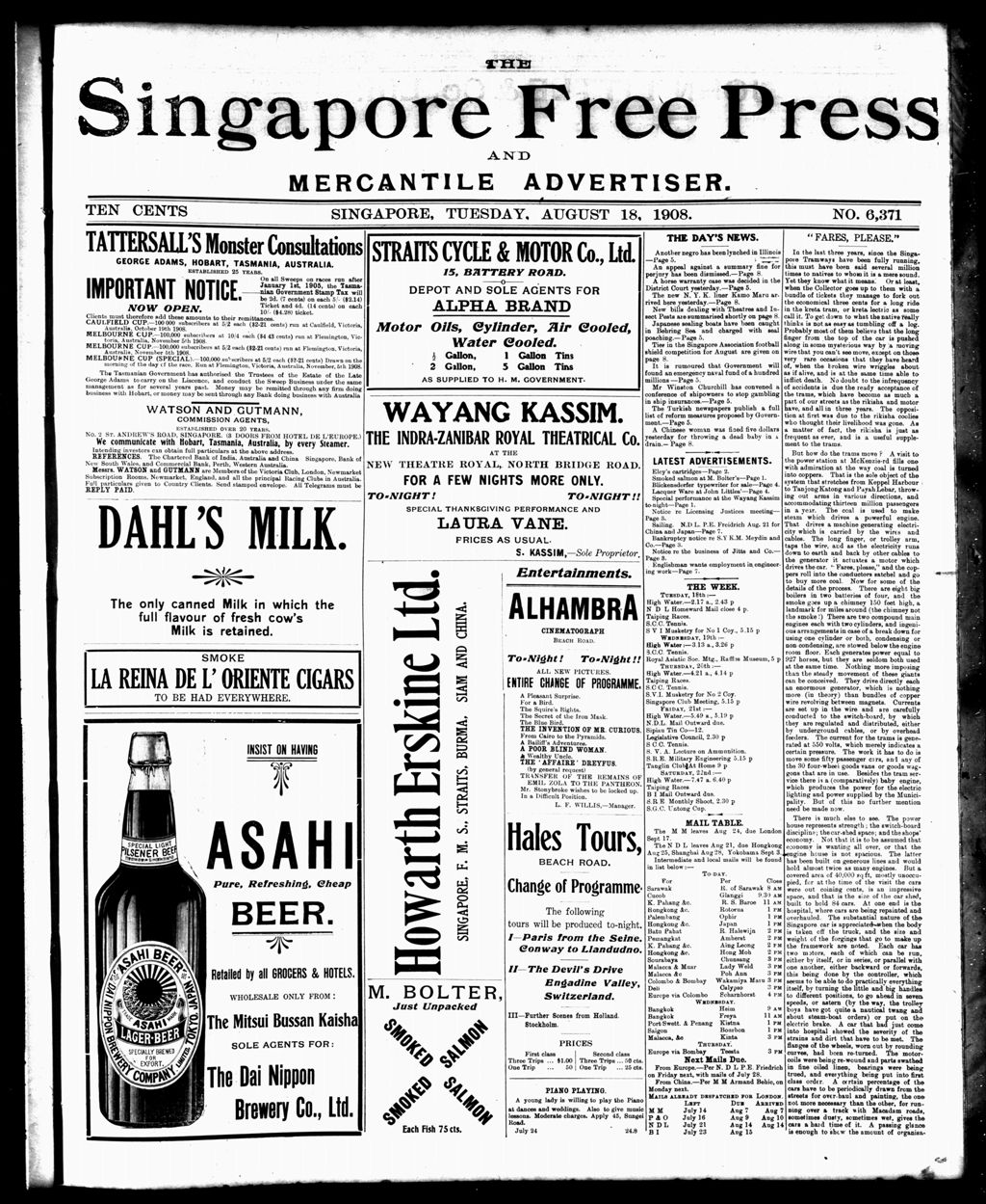 Miniature of Singapore Free Press and Mercantile Advertiser 18 August 1908