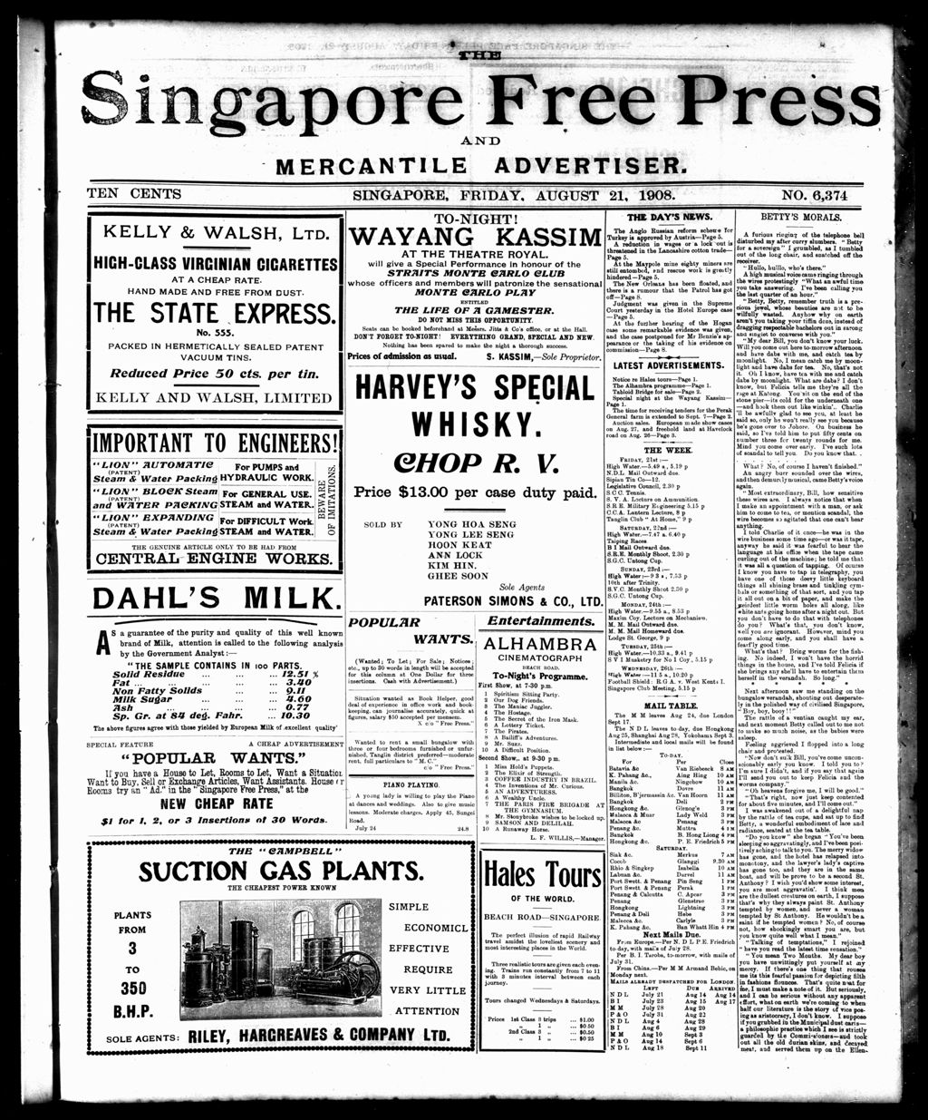 Miniature of Singapore Free Press and Mercantile Advertiser 21 August 1908