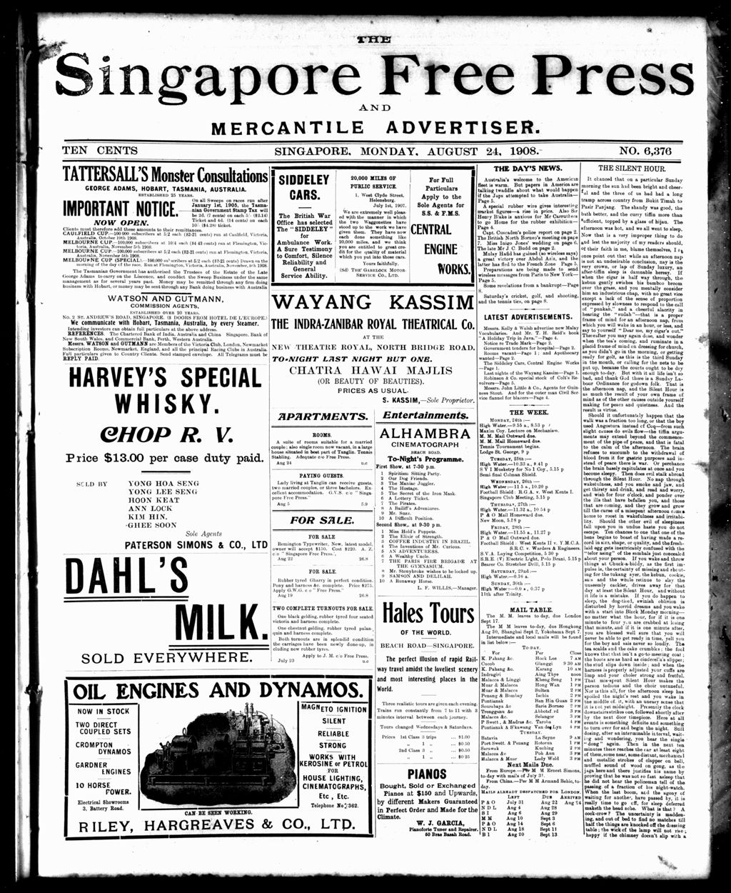 Miniature of Singapore Free Press and Mercantile Advertiser 24 August 1908