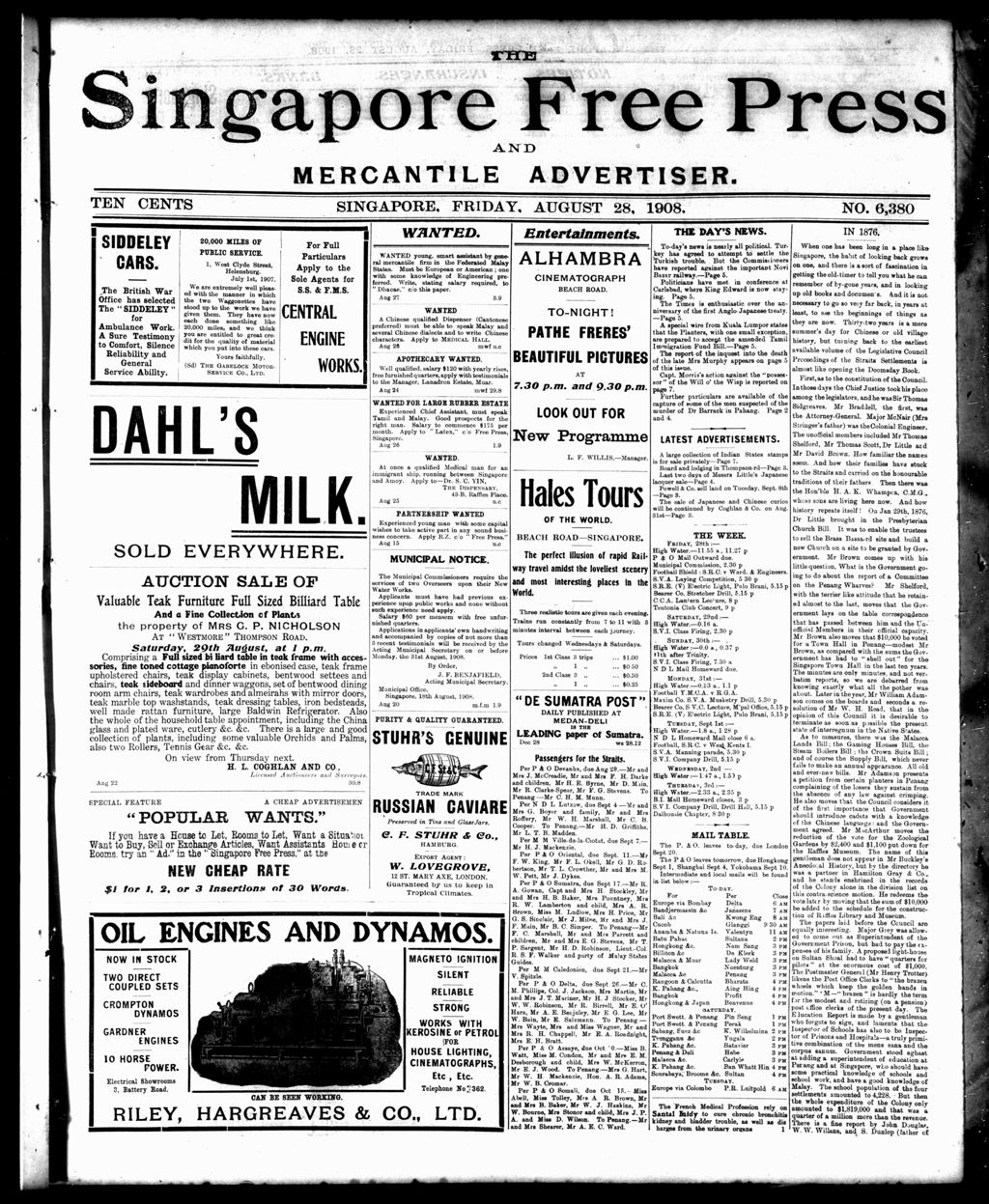 Miniature of Singapore Free Press and Mercantile Advertiser 28 August 1908