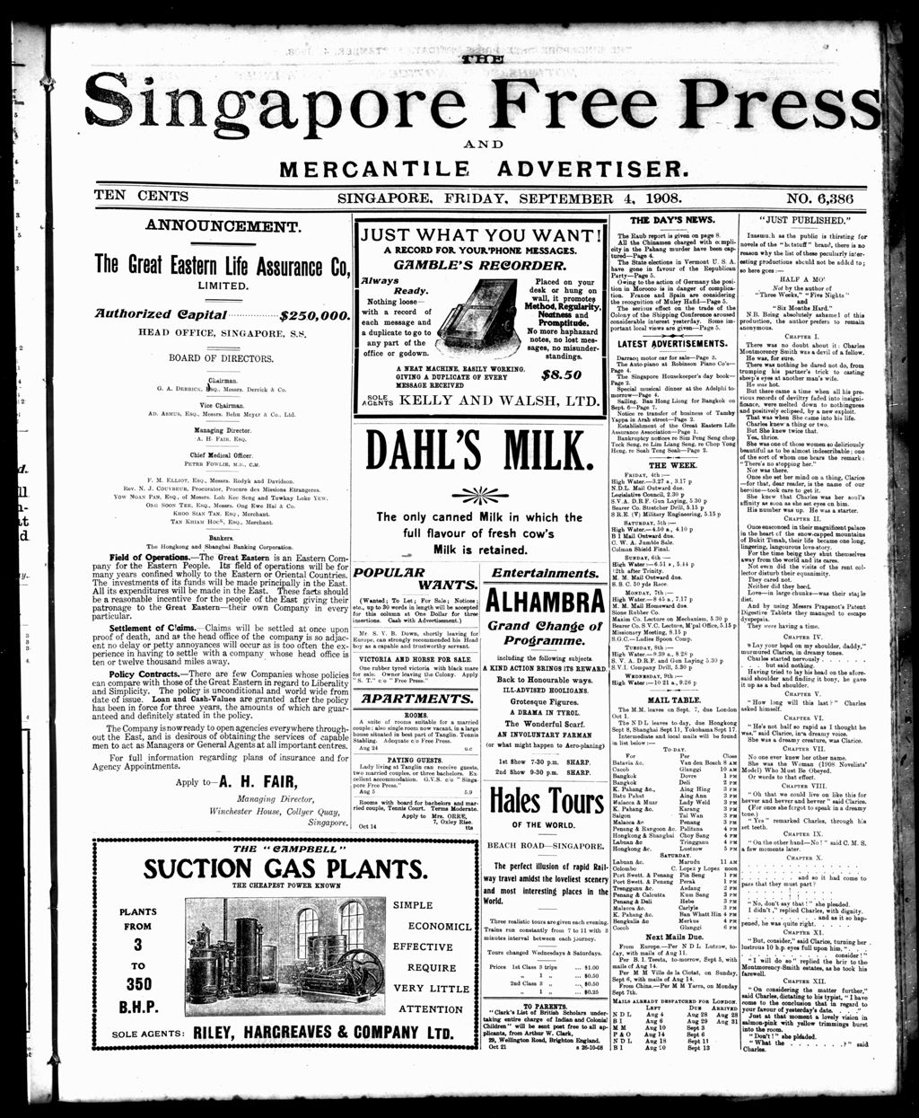 Miniature of Singapore Free Press and Mercantile Advertiser 04 September 1908