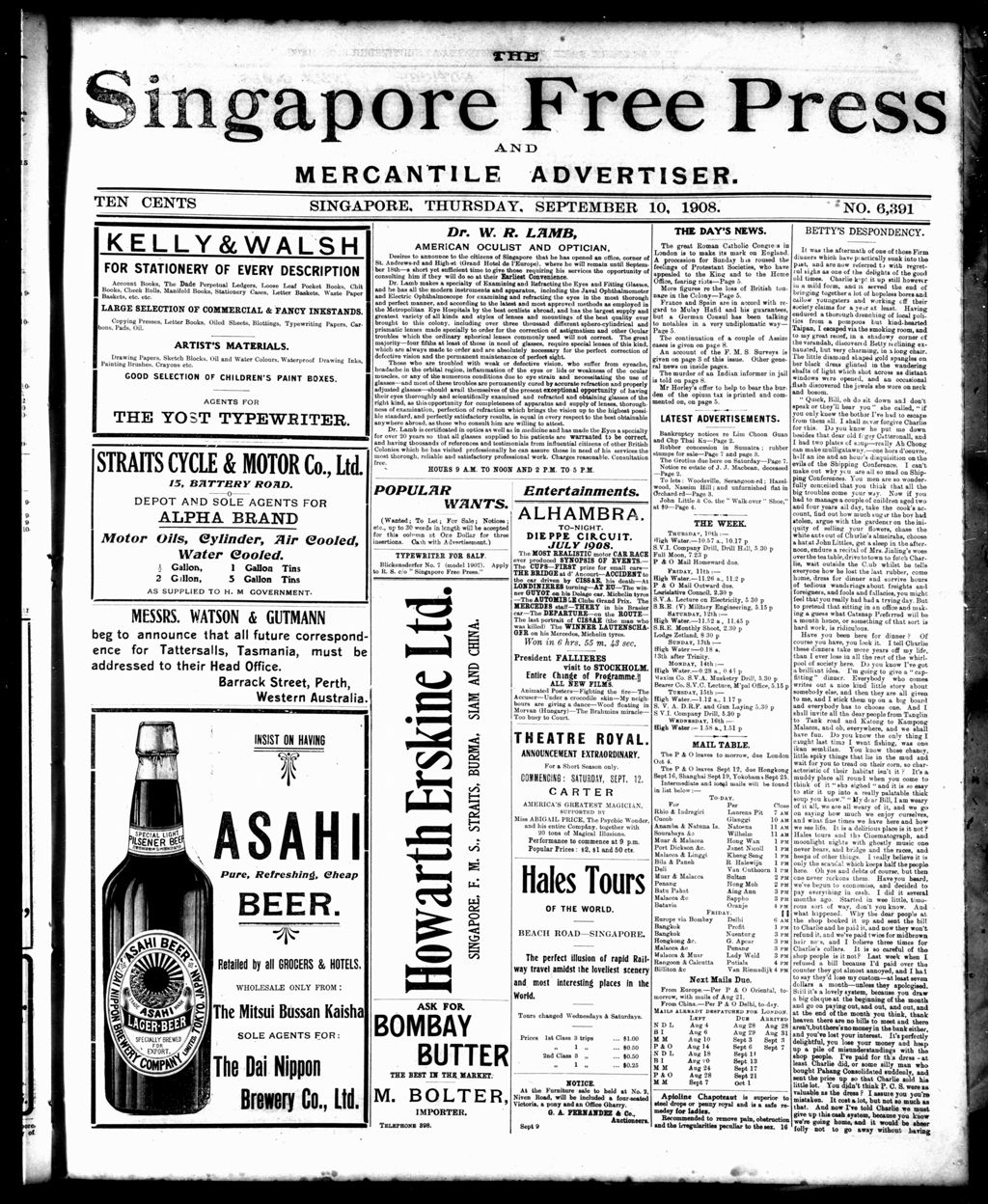 Miniature of Singapore Free Press and Mercantile Advertiser 10 September 1908