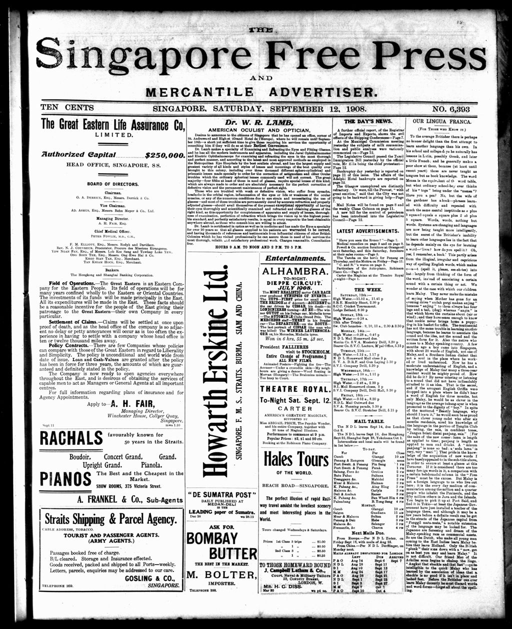 Miniature of Singapore Free Press and Mercantile Advertiser 12 September 1908