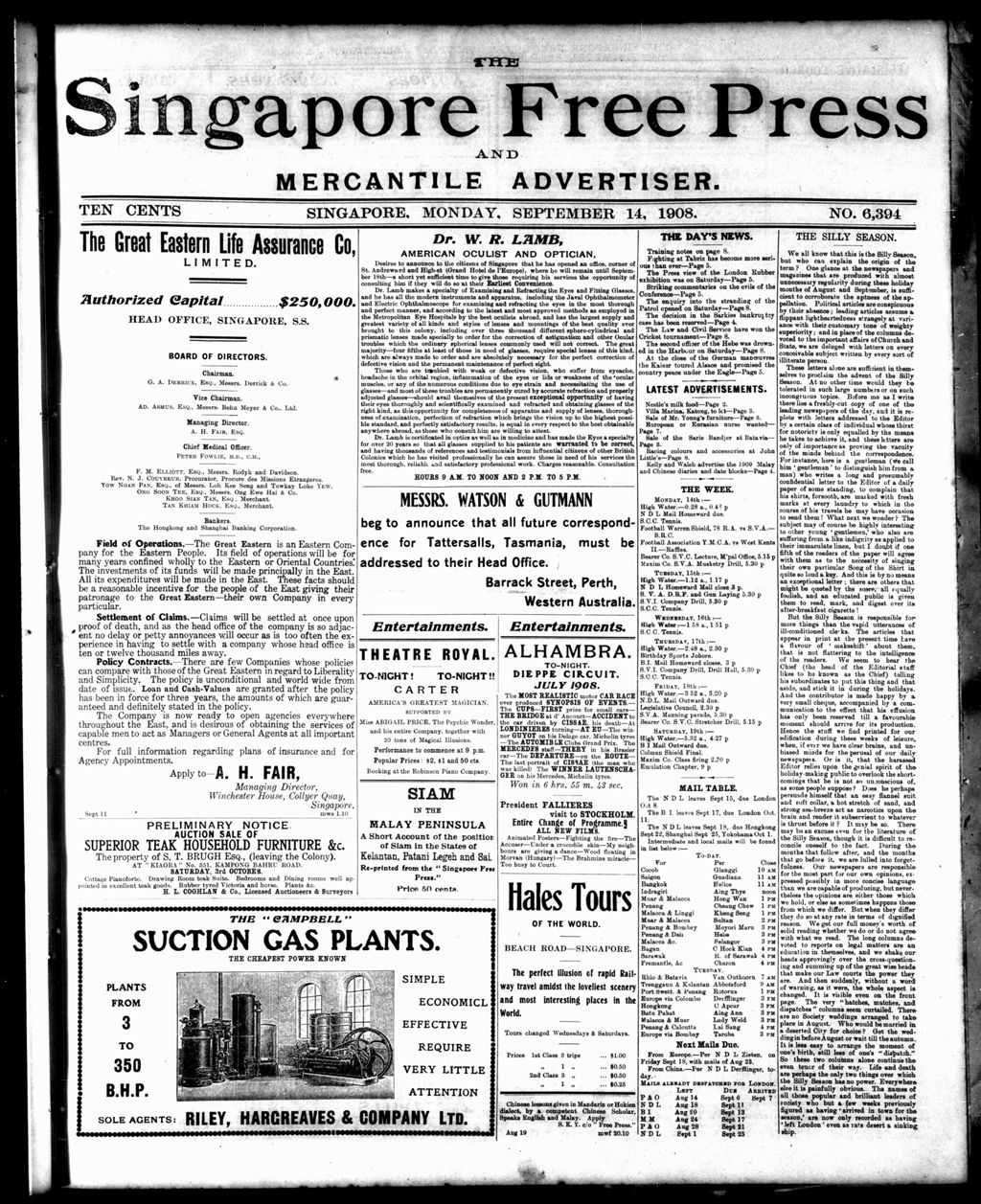 Miniature of Singapore Free Press and Mercantile Advertiser 14 September 1908