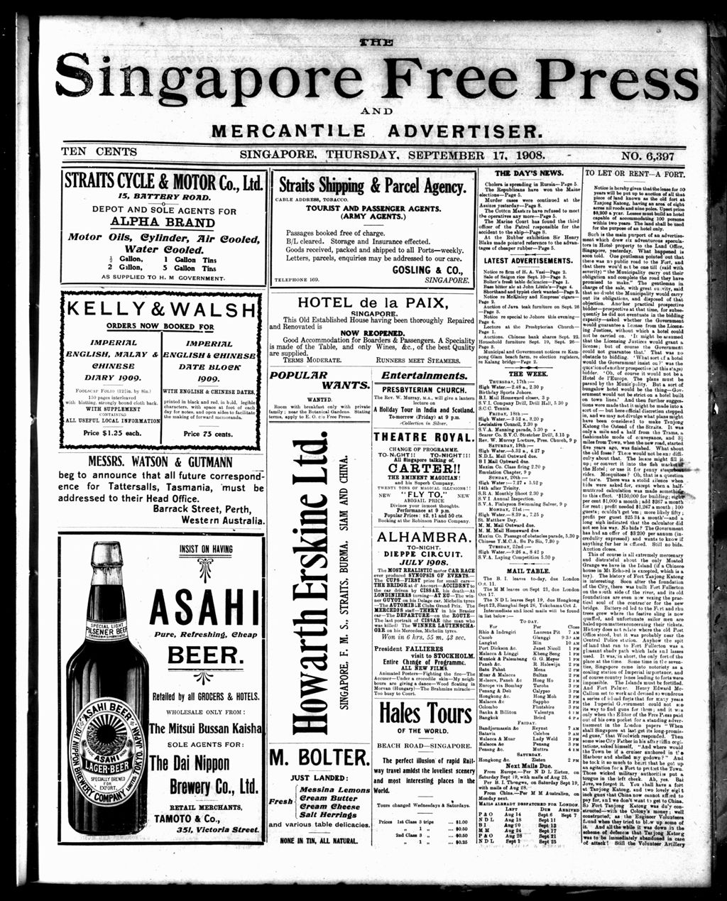 Miniature of Singapore Free Press and Mercantile Advertiser 17 September 1908