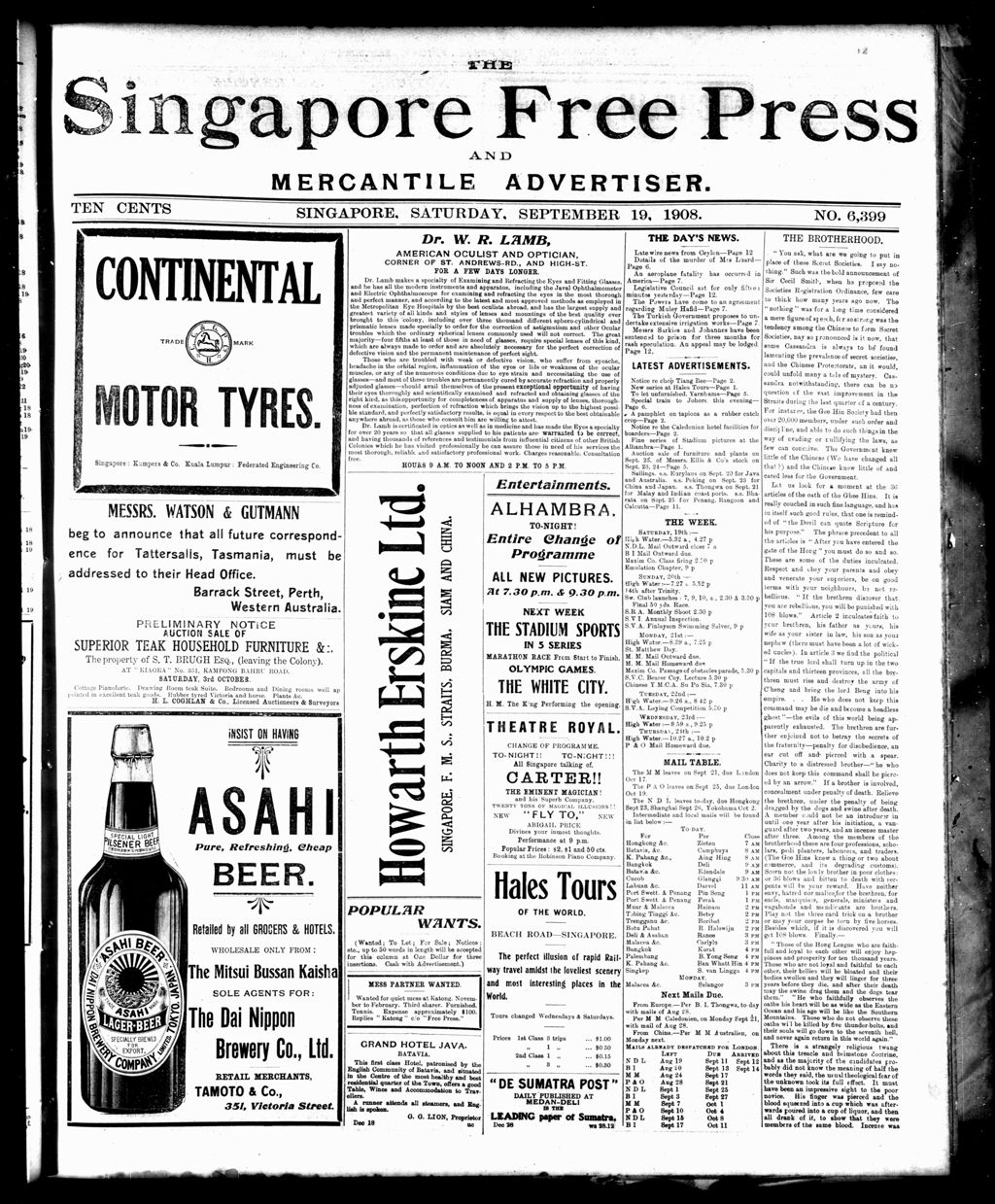 Miniature of Singapore Free Press and Mercantile Advertiser 19 September 1908