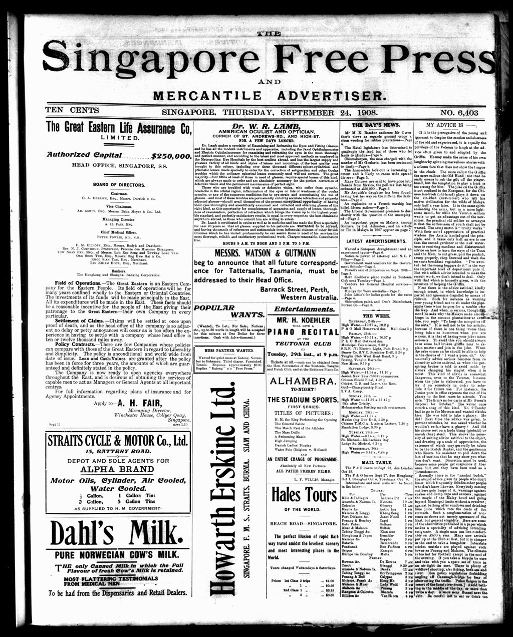 Miniature of Singapore Free Press and Mercantile Advertiser 24 September 1908