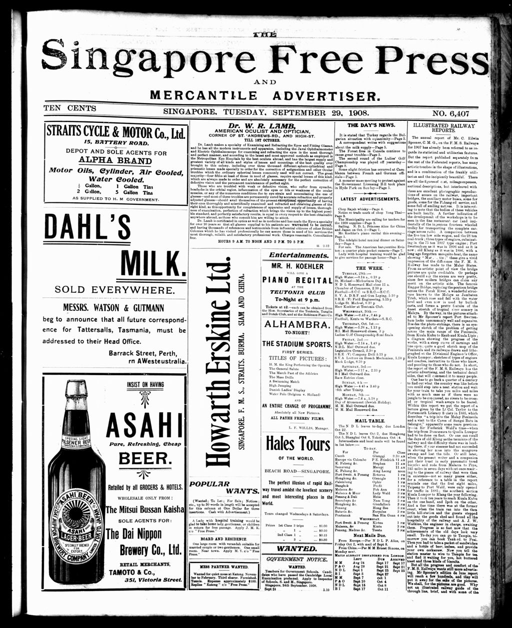 Miniature of Singapore Free Press and Mercantile Advertiser 29 September 1908