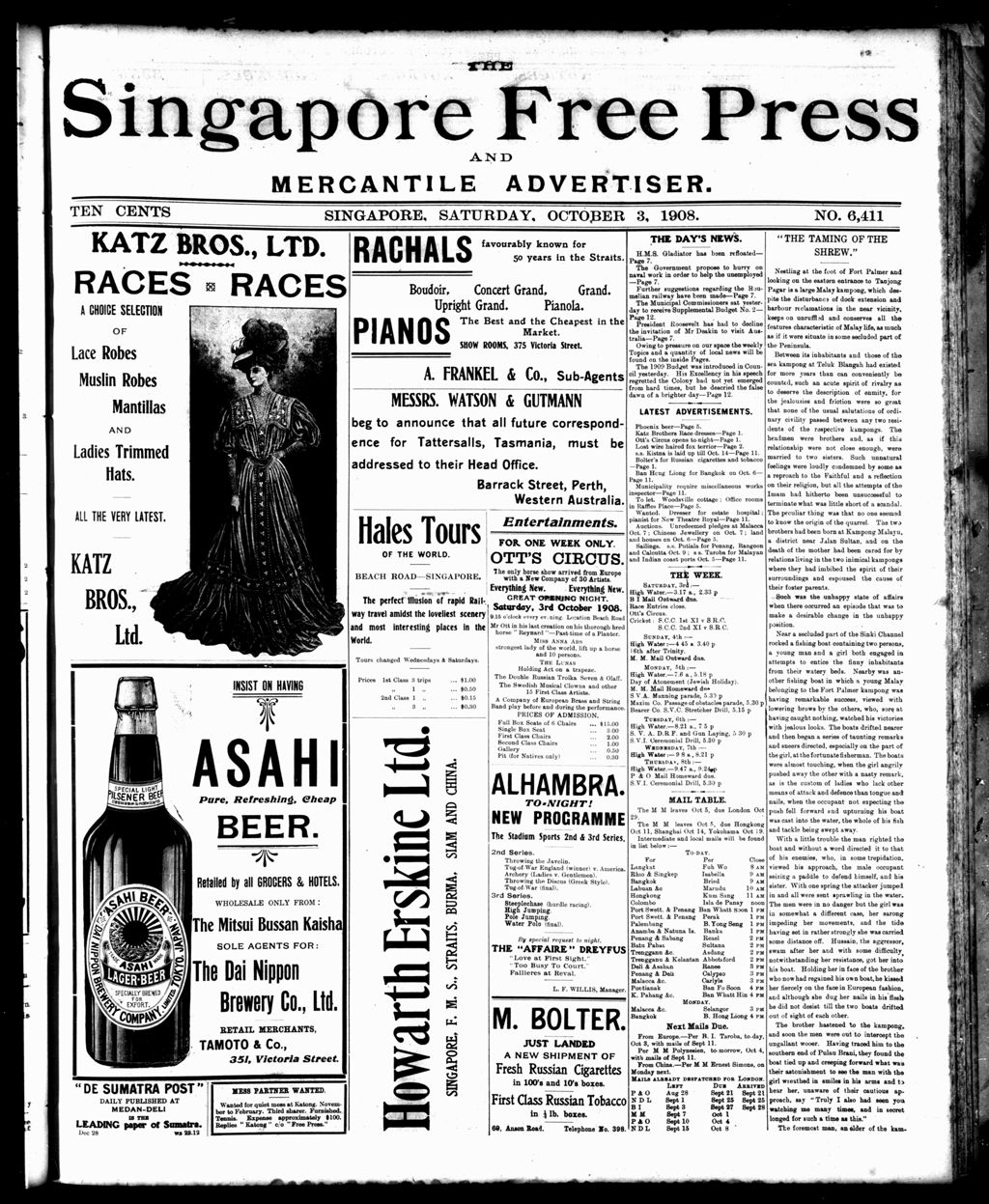 Miniature of Singapore Free Press and Mercantile Advertiser 03 October 1908